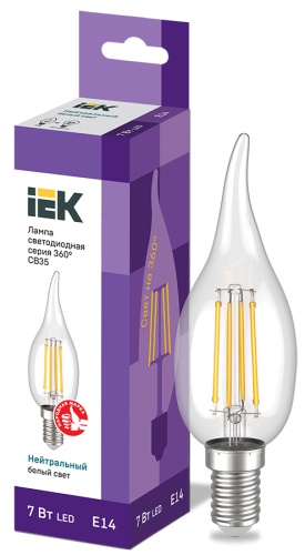 Лампа светодиодная CВ35 свеча на ветру прозрачная 7Вт 230В 4000К E14 серия 360° | код LLF-CB35-7-230-40-E14-CL | IEK